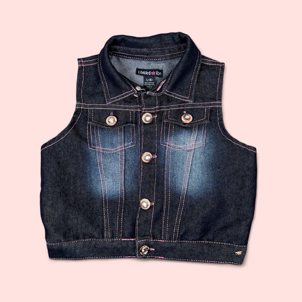y2k 00s Limited Too Girls Denim Vest Size 6 Large Dark Blue Wash Pink Stitching